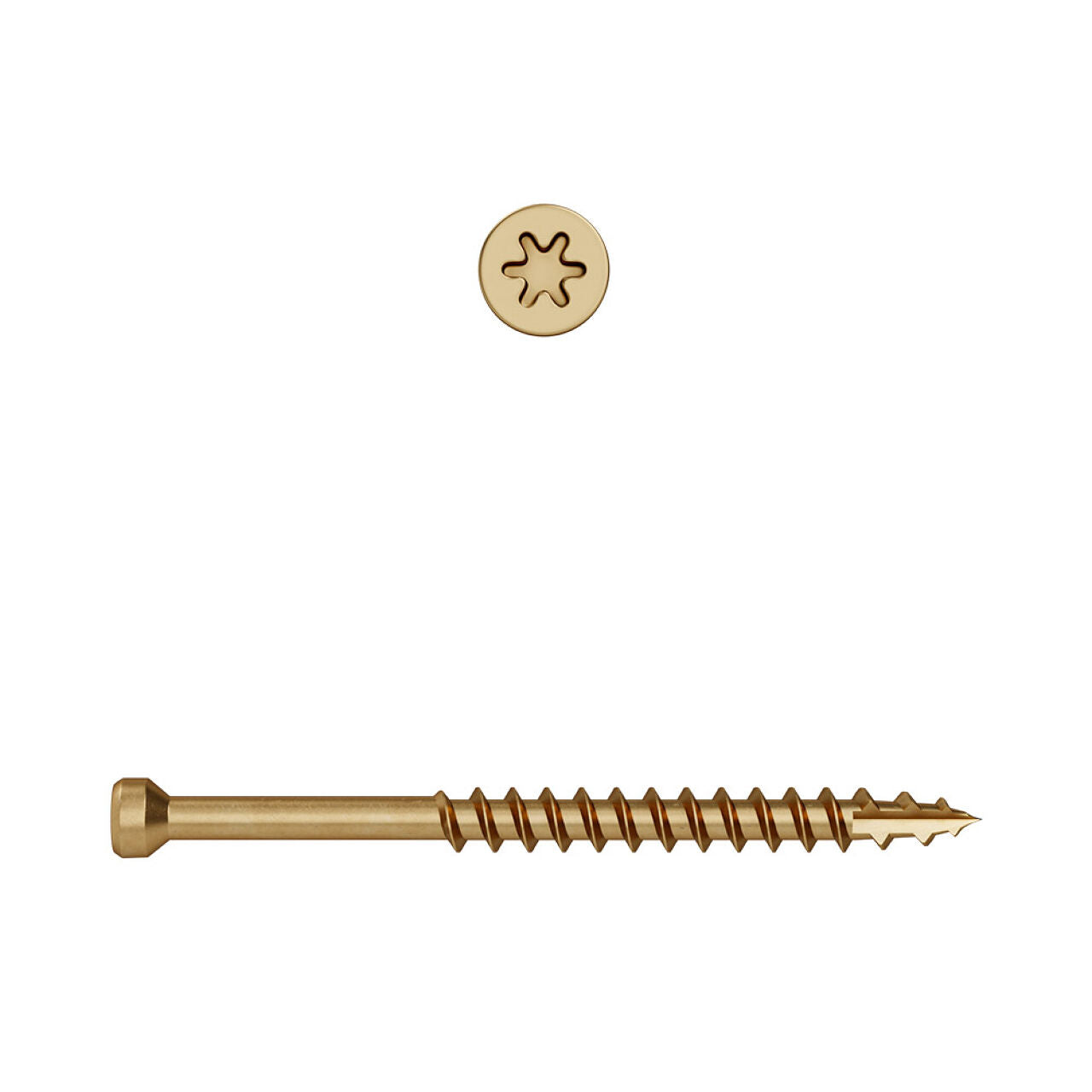 A single Go Build #8 x 1-1/2 in. Star Drive Trim-Head Finish Screw from the 100-pack is shown horizontally, with a close-up of its star-shaped Torx head above, all displayed on a white background.